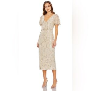 SEQUINED V NECK FLUTTER SLEEVE TEA LENGTH DRESS Size 14 Color Oyster